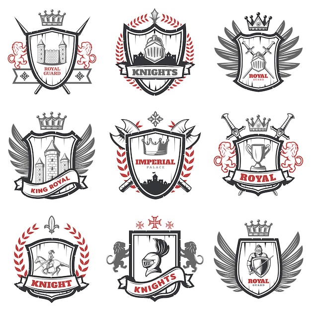 Gratis vector middeleeuwse ridder wapenschilden set