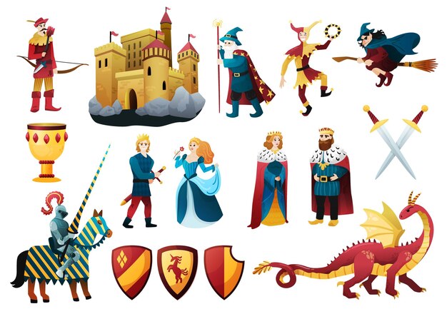 Middeleeuwse verhaal tekens plat kleurrijke set met kasteel fort koning koningin draak jester ridder wapen vectorillustratie