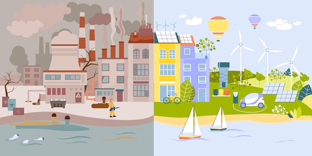 Gratis vector milieubescherming platte set van twee composities met vervuild fabriekslandschap versus schone eco-stad