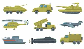 Gratis vector militair transport pictogramserie. airforce jet, onderzeeër, helikopter, vrachtwagen, gepantserde tank geïsoleerd. vectorillustraties voor legervoertuigen, wapen, krachtconcept