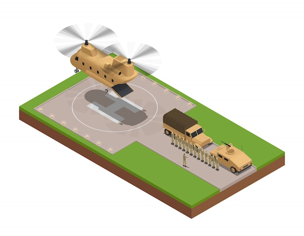 Militaire isometrische samenstelling met ogenblik landde de grote ladingshelikopter op de basis vectorillustratie