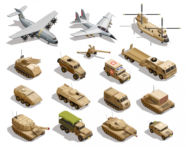 Militaire transport isometrische icon set