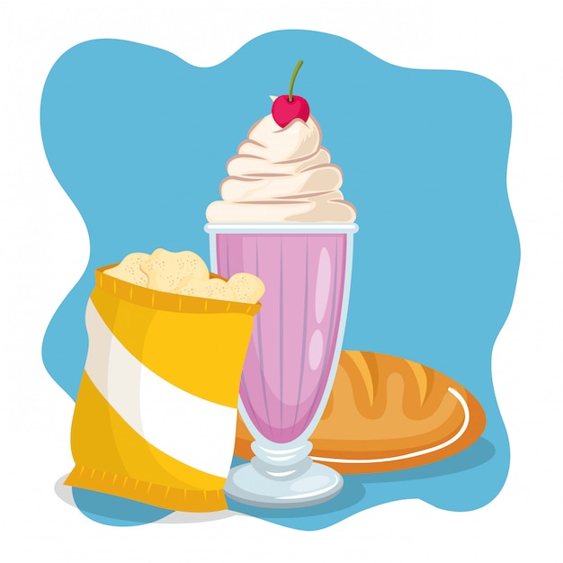 Gratis vector milkshake en brood met aardappelenzakje