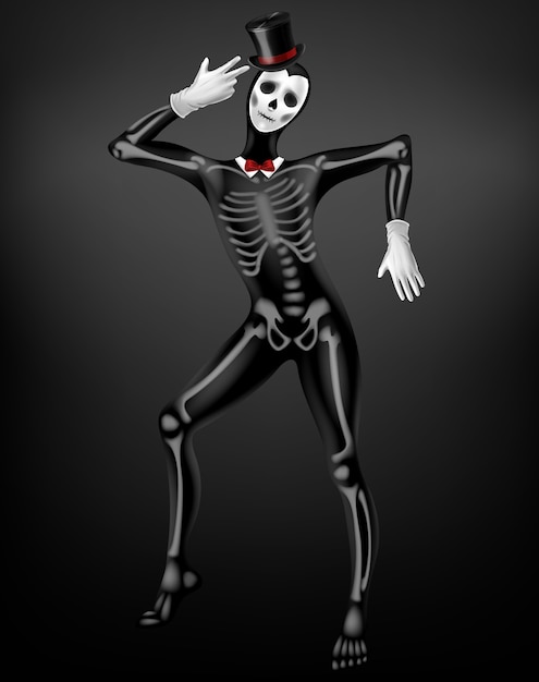 Mimespeler in dood of overleden strakke pak met skelet botten, schedel puttend uit zwarte stof, hoge hoed, witte handschoenen 3D-realistische vector. Halloween-partij, Mexicaanse Dag van de Dode illustratie van het festivalkostuum