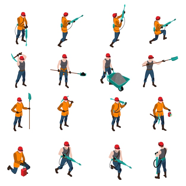 Gratis vector miner people isometric icons set