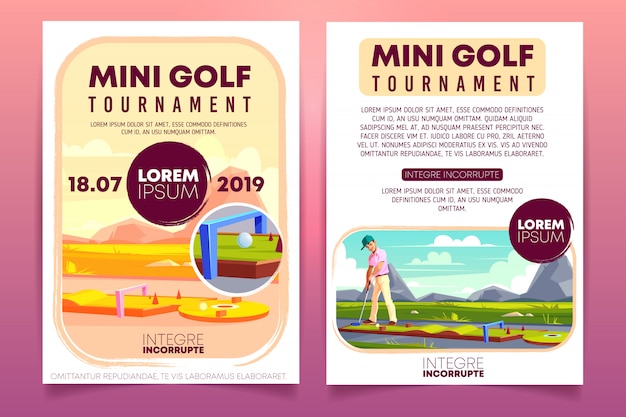 Mini golftoernooien cartoon promo brochure, sjabloon voor uitnodiging flyer.