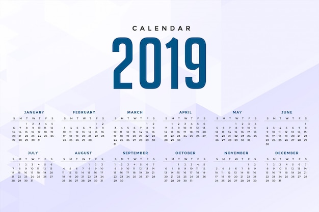 Gratis vector minimaal wit kalenderontwerp voor 2019