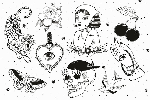 Gratis vector minimale creatieve tattoo-ontwerpset