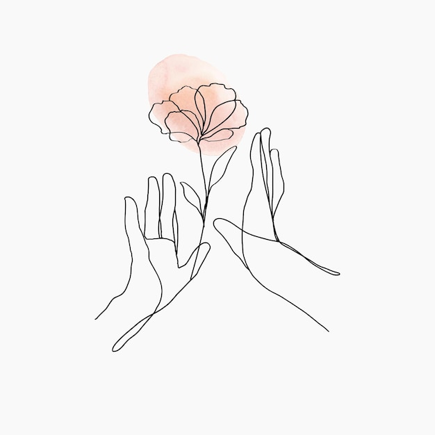 Minimale lijn kunst handen vector bloemen oranje pastel esthetische illustratie