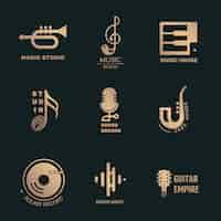 Gratis vector minimale platte muziek logo vector design set in zwart en goud