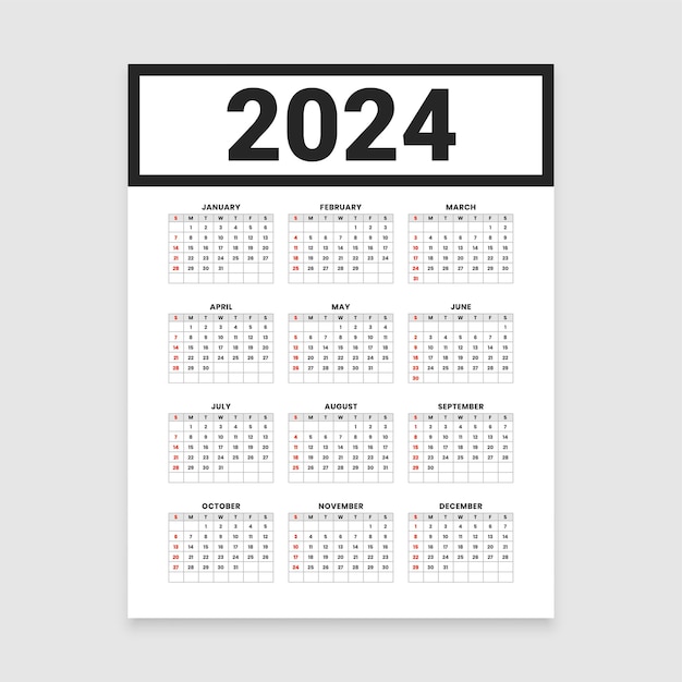 Gratis vector minimale stijl 2024 nieuwjaarskalenderindeling organiseer datums en evenementenvector