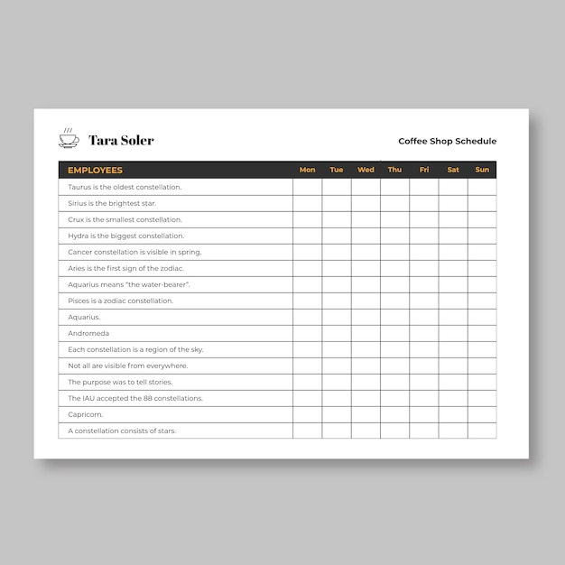 Minimalistisch gele tara coffeeshop werknemersschema