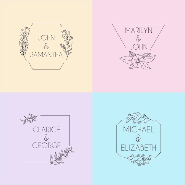 Gratis vector minimalistische bruiloft monogrammen in pastel kleuren set