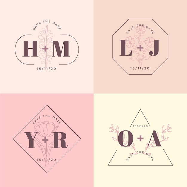 Gratis vector minimalistische bruiloft monogrammen in pastel kleuren set