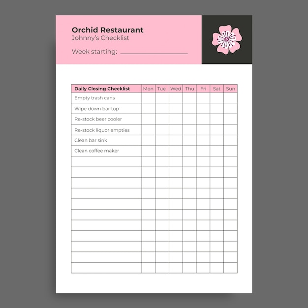 Minimalistische checklist voor orchideeënrestaurants