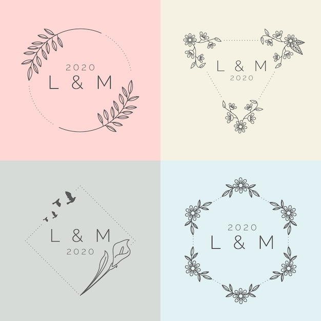 Gratis vector minimalistische huwelijksmonogrammen in pastelkleuren