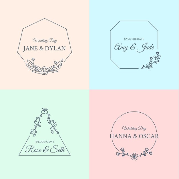 Minimalistische huwelijksmonogrammen in pastelkleuren