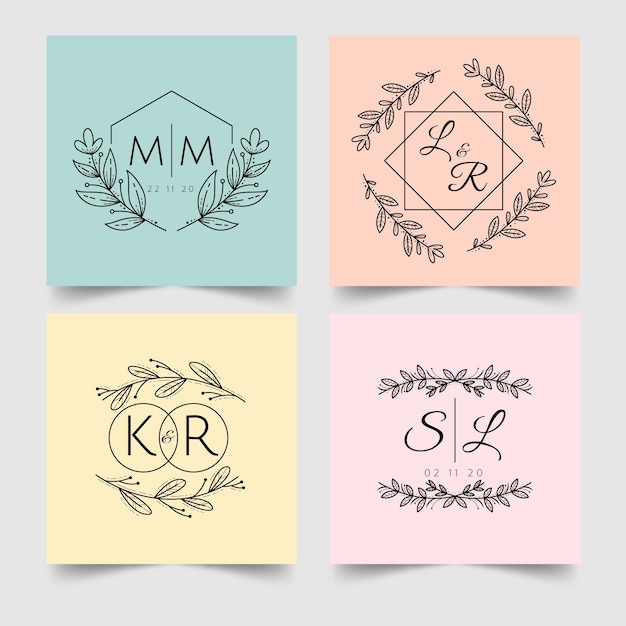 Minimalistische huwelijksmonogrammen in pastelkleuren