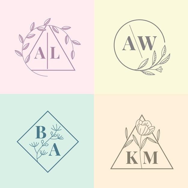 Minimalistische huwelijksmonogrammen in pastelkleuren