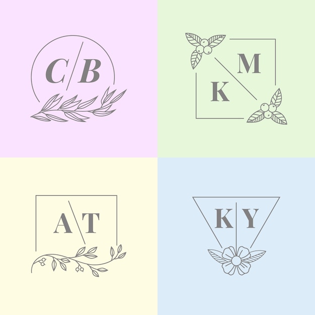 Minimalistische huwelijksmonogrammen in pastelkleuren