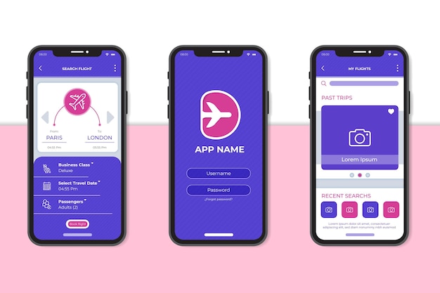 Gratis vector minimalistische interface voor het boeken van reisapps