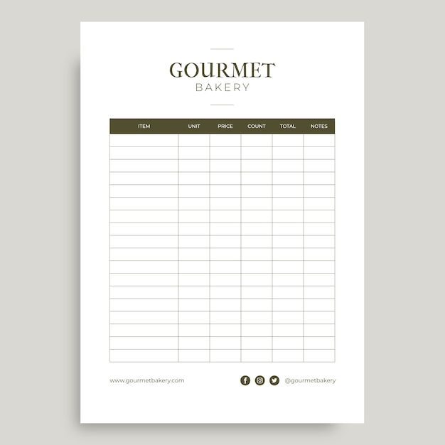 Gratis vector minimalistische inventarislijst voor gastronomische bakkerijen