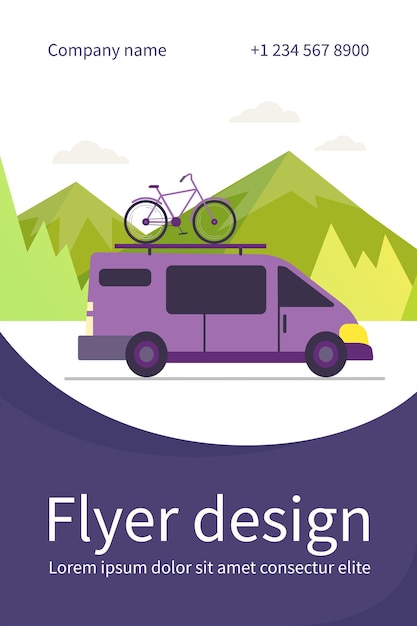 Minivan met fiets bovenop die zich in de bergen beweegt. voertuig, transport, fietstocht plat flyer-sjabloon