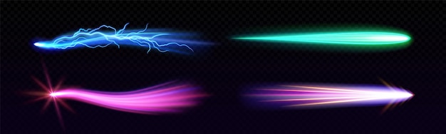 Gratis vector missile burst effect of rocket neon speed flare blauwe donder licht gloed ui vfx game 3d explosie geïsoleerde vector jet takeoff in de lucht of meteoriet vlucht in de ruimte groene shuttle motor branden en rook