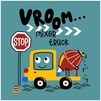 Mixer vrachtwagen op de weg grappige cartoon