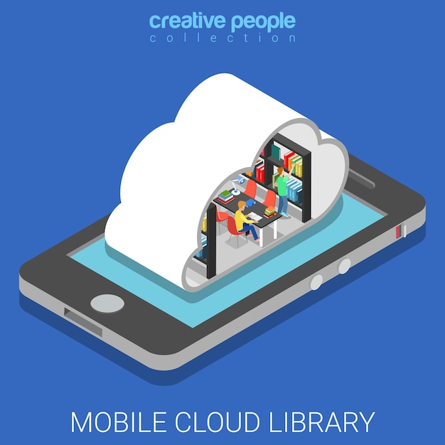 Mobiele cloud bibliotheek plat isometrisch