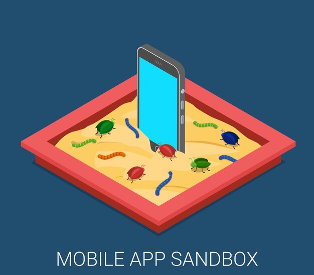 Gratis vector mobiele kwaadaardige software applicatie ontwikkeling sandbox debuggen plat isometrisch