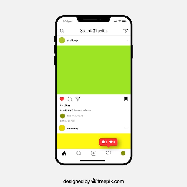 Gratis vector mobiele telefoon met instagram berichtsjabloon en meldingen