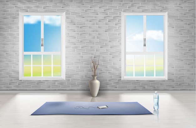 mockup van lege ruimte met bakstenen muur, twee vensters, blauw tapijt, vaas en een fles water
