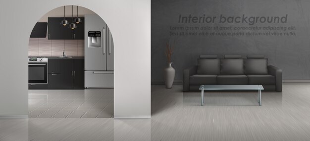 mockup van loft appartement met woonkamer en keuken.