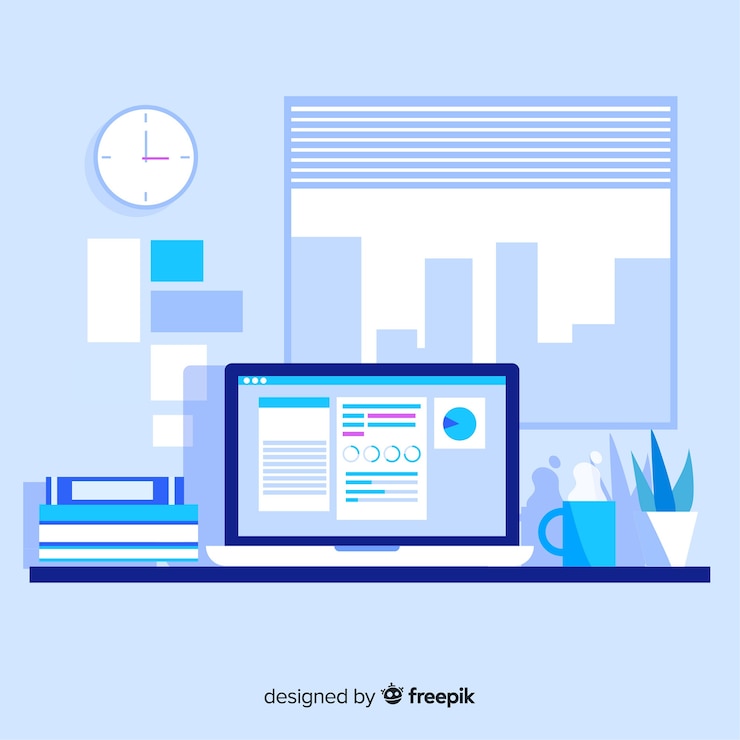 Gratis Vector modern bureau met een plat ontwerp