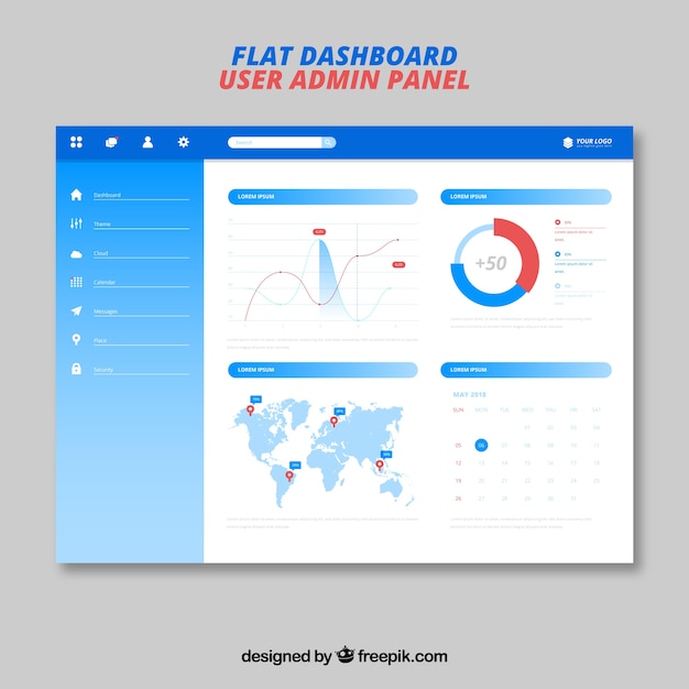 Gratis vector modern dashboard admin-dashboard met plat ontwerp