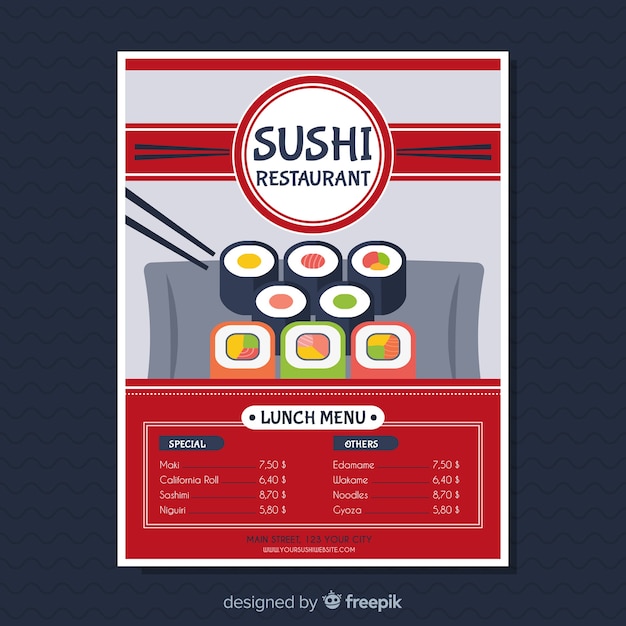 Gratis vector modern de vliegersjabloon van het sushistrestaurant