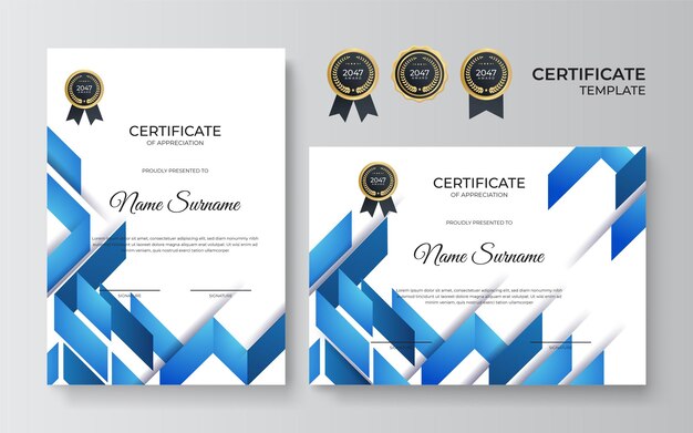 Modern elegant blauw en goud diploma certificaat sjabloonontwerp. blauw en goud certificaat van prestatie grens sjabloon met luxe badge en modern lijnpatroon. voor prijzen, zaken en onderwijs