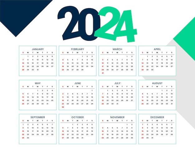Gratis vector modern en eenvoudig 2024 nieuwjaar engels kalender sjabloon ontwerp vector
