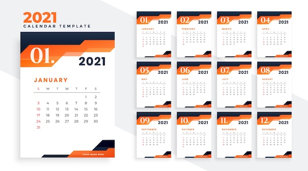 Modern kalenderontwerp van het jaar 2021 in oranje thema