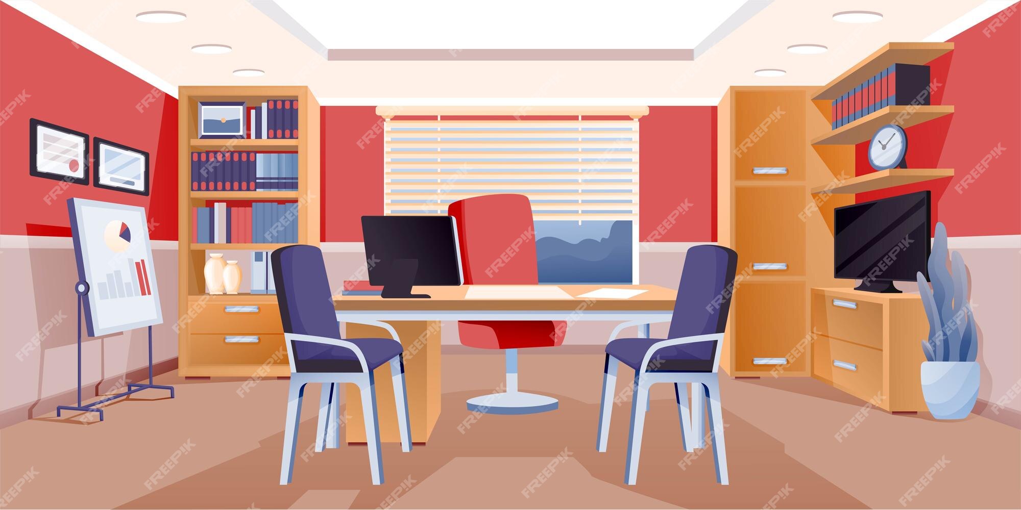 Mona Lisa Piraat Heb geleerd Modern kantoor van baas interieur design achtergrond kamer voor werk met  stoelen tafel met computer monitor kast met boeken en documenten planten tv  | Gratis Vector