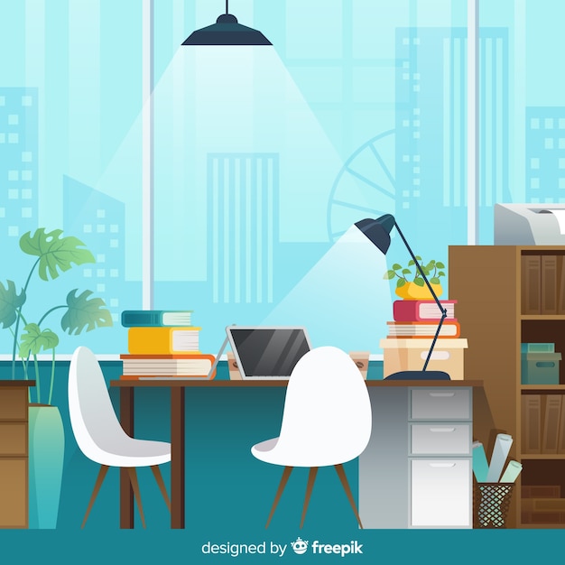 Gratis vector modern kantoorinterieur met plat ontwerp