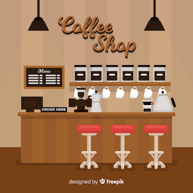 Gratis vector modern koffiewinkelbinnenland met vlak ontwerp