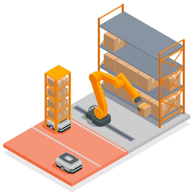 Modern magazijn isometrisch concept robotarm sorteert en rangschikt dozen van de productieband naar de plank vectorillustratie