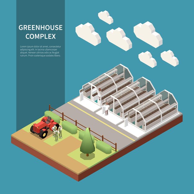 Modern serre complex isometrisch concept met nieuwe geïsoleerde technologiesymbolen