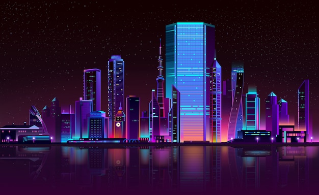 Modern stad nacht skyline neon cartoon