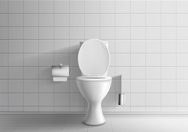 Modern toiletruimte binnenlands 3d realistisch vectormodel met betegelde muren en vloer