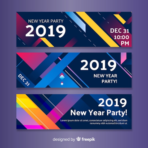 Gratis vector moderne 2019 nieuwe jaarfeest banners met platte ontwerp