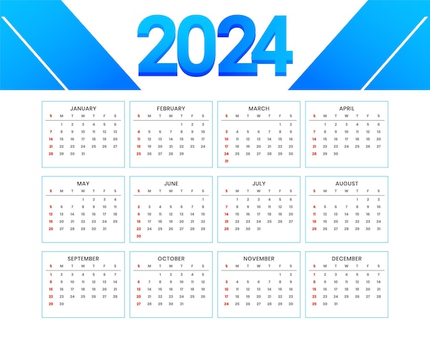 Gratis vector moderne 2024 nieuwe jaar kalender sjabloon in witte en blauwe kleur vector