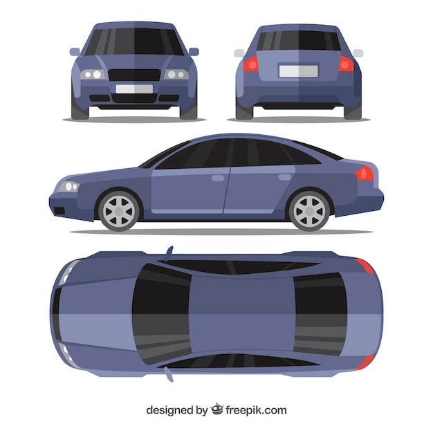 Gratis vector moderne blauwe auto in verschillende uitzichten